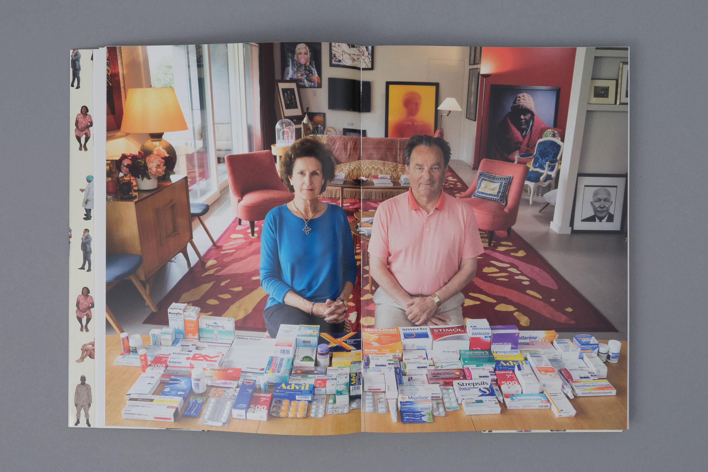 Photo of Arnaud Brunel and his wife Candelita in front of their collection of drugs, for Happy Pills